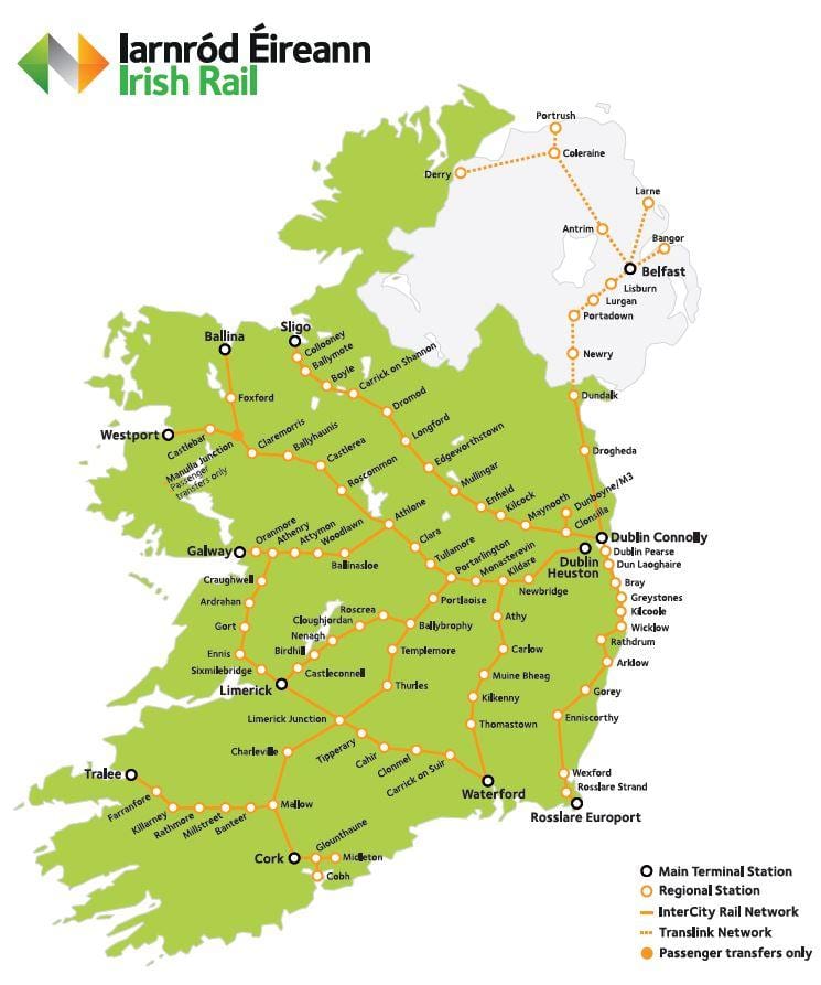 perjalanan kereta api di ireland peta